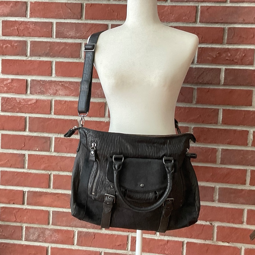 •Ted Baker Black Genuine Leather Hair Hide X-Body Satchel Shoulder Bag